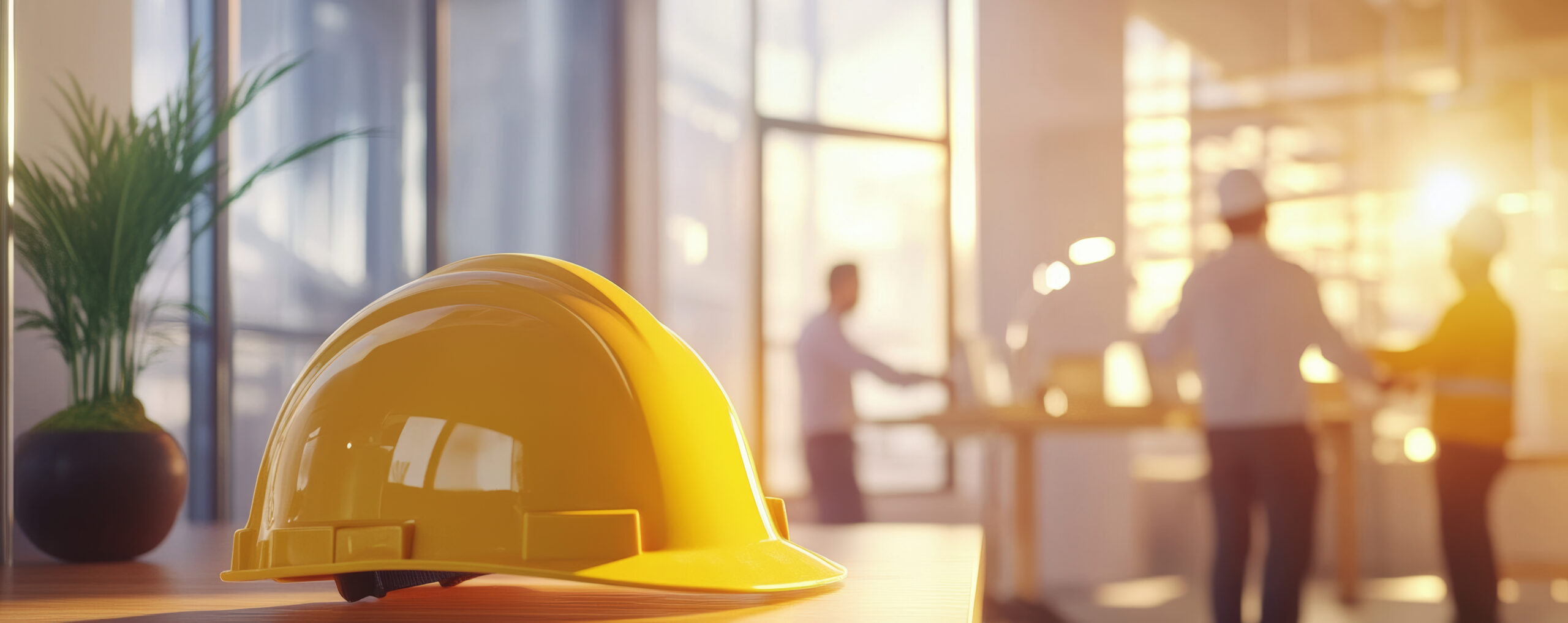 Close up of yellow helmet on modern desk with workers in background, showcasing productive work environment filled with natural light and greenery