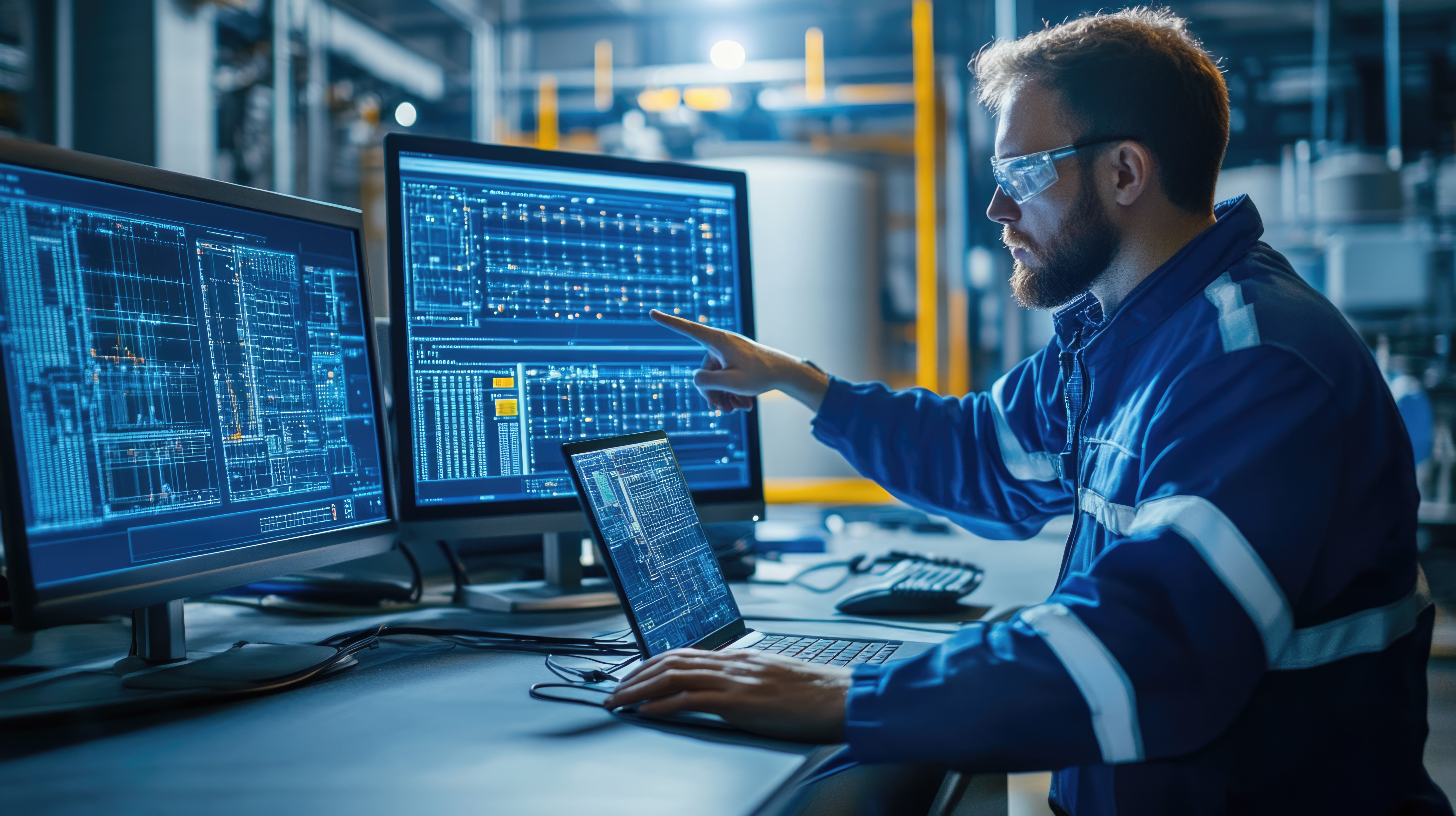 A professional engineer is checking scada system equipment in power plant industry factory.